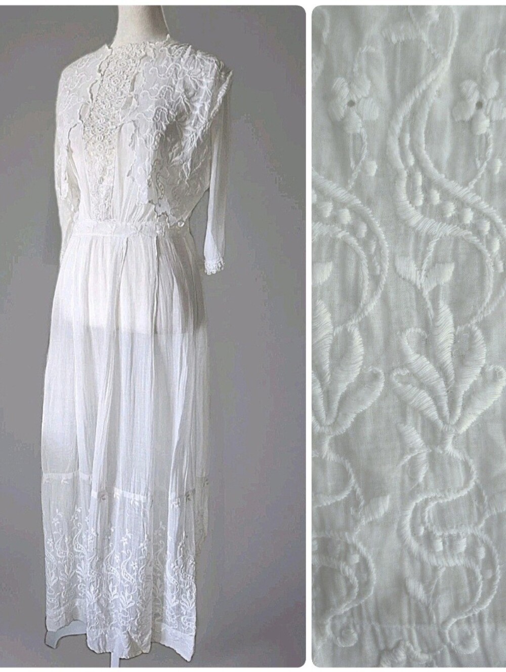 Antique Edwardian Embroidered Cotton Dress, Floral, 0/2